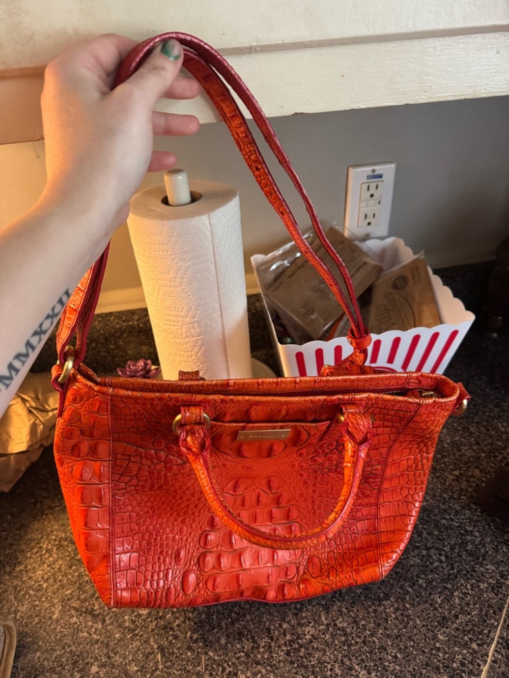 Brahmin Bright Orange Croc-Embossed Leather Satchel - Picture 4 of 15